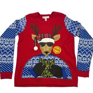 Jolly Sweaters Christmas Sweater Deer Drink Pouch Camo Red Fair Isle Blue‎ Large